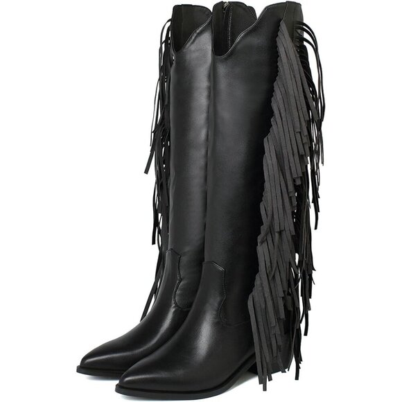 Women Black Synthetic Fringe Tassels Pointed Toe Knee High Western Cowgirl Boots - Picture 7 of 7